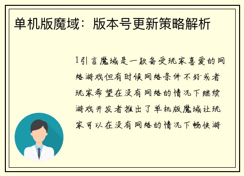 单机版魔域：版本号更新策略解析